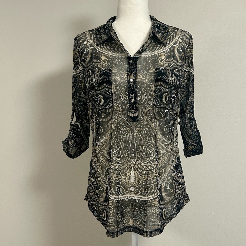 INC Sheer Paisley Blouse w/ Rhinestone Buttons | Size PXL